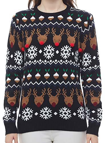 v28 Women's Patterns Reindeer Snowman Tree Snowflakes Christmas Sweater Cardigan, Long Sleeve (Large, Deer&FlakesDessert-Black)