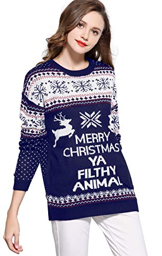 V28 Women's Christmas Reindeer Snowflakes Sweater Pullover (Tag L (US size 10), Blue-PairedRD)