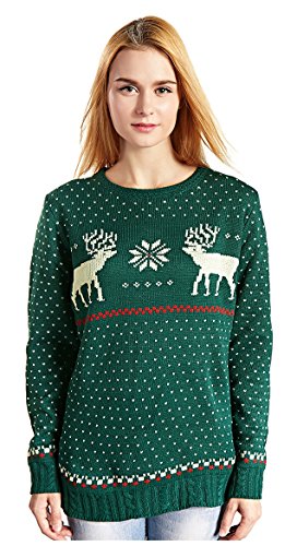 V28 Women's Christmas Reindeer Snowflakes Sweater Pullover (Tag L (US size 10), Green-B)