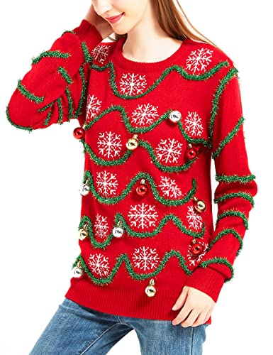 Women's Christmas Reindeer Traditional Knitted Holiday Ugly Sweater Girl Pullover Cardigan (Large, TinselSnwflkered-F10)