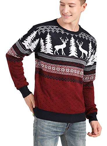 Men's Christmas Reindeer Snowman Penguin Santa and Snowflake Sweater, Color Name: Deer&Tree-View-red