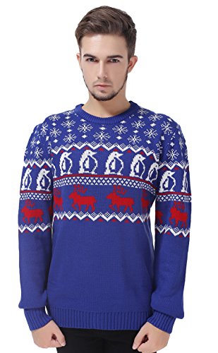 V28 Men's Christmas Reindeer Snowman Penguin Santa and Snowflake Sweater (XX-Large, Penguins&Deers)