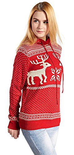 Women's Patterns of Reindeer Snowman Tree Snowflakes Christmas Sweater Cardigan (L, Long Sleeve, Red with Hood)