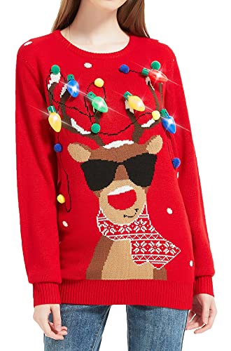 Women's Christmas Reindeer Traditional Knitted Holiday Ugly Sweater Girl Pullover Cardigan (Large, Rndrlitup-F8)