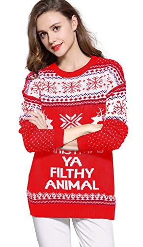 V28 Women's Christmas Reindeer Snowflakes Sweater Pullover (Tag L (US size 10), Red-PairedRD)