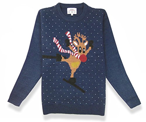 V28 Men's Christmas Reindeer Snowman Penguin Santa and Snowflake Sweater (X-Large, ReindeerSkiing)