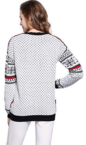 V28 Women's Christmas Reindeer Snowflakes Sweater Pullover (Tag L (US size 10), Cream-PairedRD)