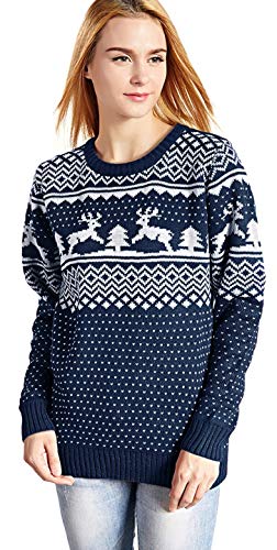 v28 Women's Patterns Reindeer Snowman Tree Snowflakes Christmas Sweater Cardigan, Long Sleeve (Large, Deer&Tree-Blue)