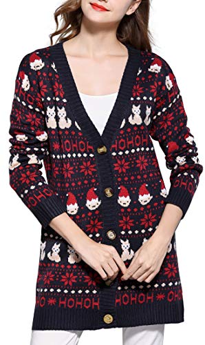 Womens Oversized Christmas Reindeer Cardigan (Large, Red3 Cardigan)