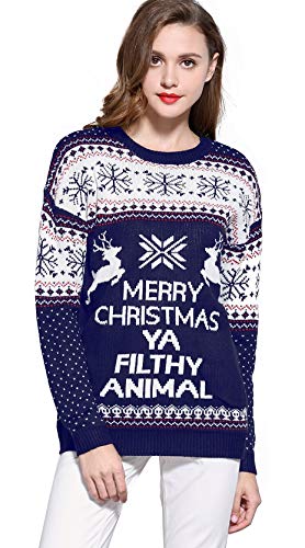 V28 Women's Christmas Reindeer Snowflakes Sweater Pullover (Tag L (US size 10), Blue-PairedRD)