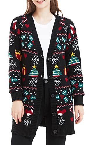 Women's Christmas Reindeer Traditional Knitted Holiday Ugly Sweater Girl Pullover Cardigan (Large, 238-Cardi-black)