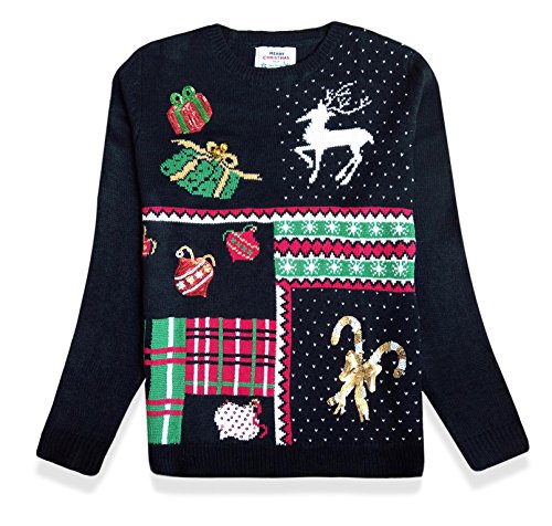 Women's Christmas Cute Reindeer Snowflakes Knitted Sweater Girl Pullover (Large, Presents)