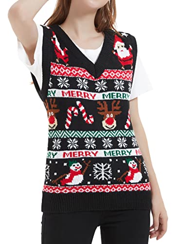 Women's Christmas Reindeer Traditional Knitted Holiday Ugly Sweater Girl Pullover Cardigan (Large, 232-Christmas-Vest-black)