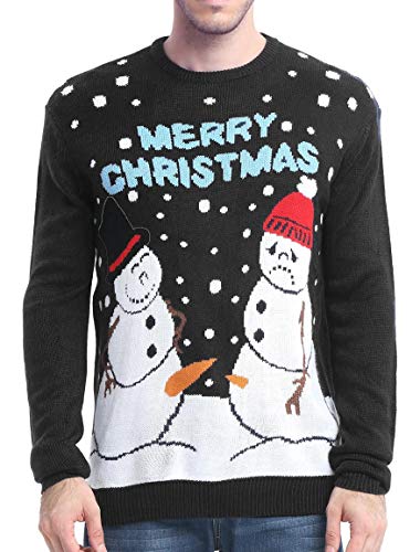 Men's Christmas Festive Cardigan Reindeer Snowman Santa Snowflakes Knitted Ugly Sweater (Large, Happy and Sad - Black)