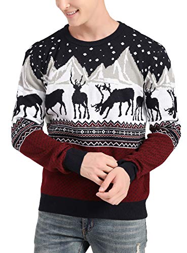 v28 Men's Christmas Reindeer Snowman Penguin Santa and Snowflake Sweater, Color Name: Deer&Mountains-red