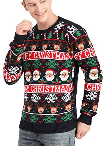 v28 Men's Christmas Reindeer Snowman Penguin Santa and Snowflake Sweater, Color Name: Christmas-Banner