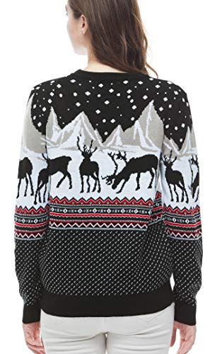 v28 Women's Patterns Reindeer Snowman Tree Snowflakes Christmas Sweater Cardigan (Large, Deer&Mountains)