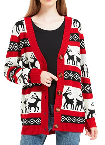 Women's Christmas Reindeer Traditional Knitted Holiday Ugly Sweater Girl Pullover Cardigan (Large, RndrCardi-F1)