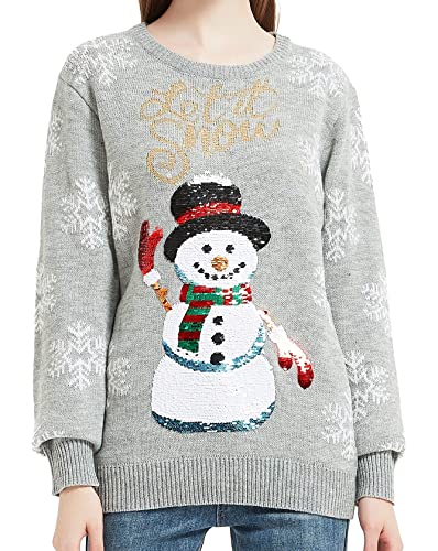 Women's Christmas Reindeer Traditional Knitted Holiday Ugly Sweater Girl Pullover Cardigan (Large, SequinSnwmn-F7)