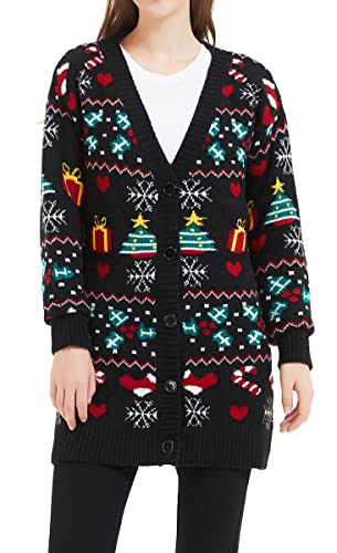 Women's Christmas Reindeer Traditional Knitted Holiday Ugly Sweater Girl Pullover Cardigan (Large, 238-Cardi-black)