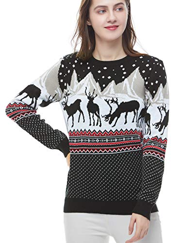 v28 Women's Patterns Reindeer Snowman Tree Snowflakes Christmas Sweater Cardigan (Large, Deer&Mountains)