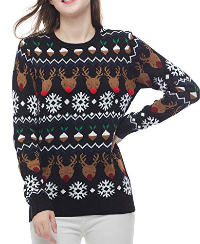 v28 Women's Patterns Reindeer Snowman Tree Snowflakes Christmas Sweater Cardigan, Long Sleeve (Large, Deer&FlakesDessert-Black)