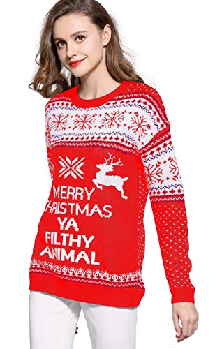 V28 Women's Christmas Reindeer Snowflakes Sweater Pullover (Tag L (US size 10), Red-PairedRD)