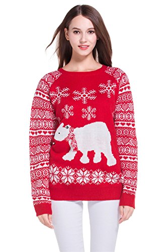 Women's Christmas Cute Reindeer Snowflakes Knitted Sweater Girl Pullover (Large, PolarBear)