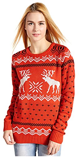 CHRISTMAS Sweater / Cardigan, with Various Lovely Patterns of Reindeer / Snowman / Snowflakes / Tree (L, Deer&Snowflake-Red)