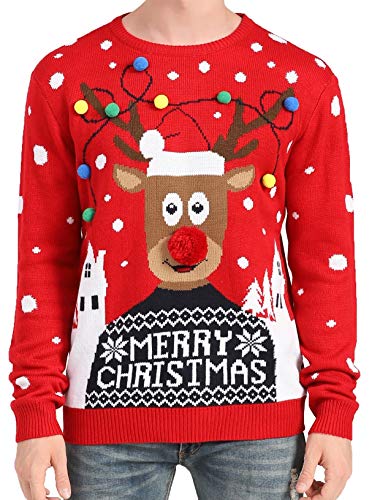 v28 Men's Christmas Reindeer Snowman Penguin Santa and Snowflake Sweater (Small, Deer-hdlite-Black)