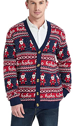 Daisyboutique Men's Christmas Rudolph Reindeer Holiday Sweater Cardigan Cute Ugly Pullover, Color Name: Santa-Print-Cardigan