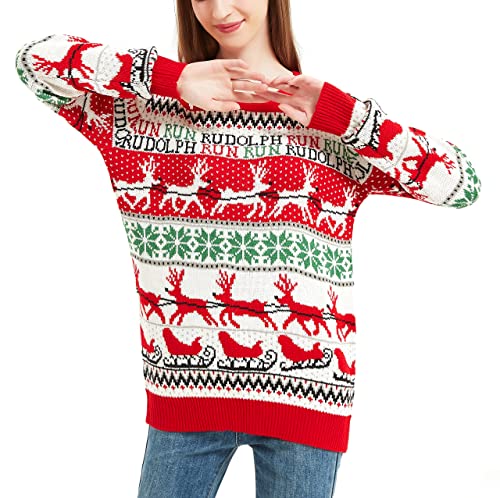 Women's Christmas Reindeer Traditional Knitted Holiday Ugly Sweater Girl Pullover Cardigan (Large, RndrSlgh-F3)