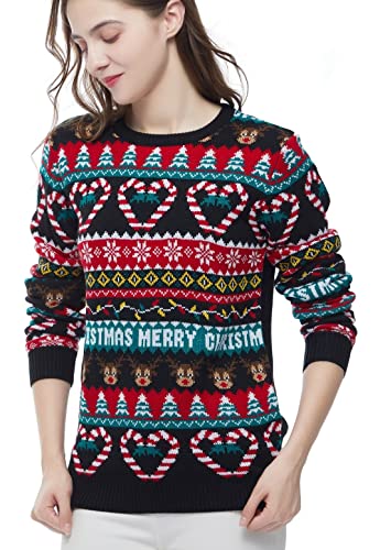 v28 Women's Patterns Reindeer Snowman Tree Snowflakes Christmas Sweater Cardigan (Large, Deer&lovecane)