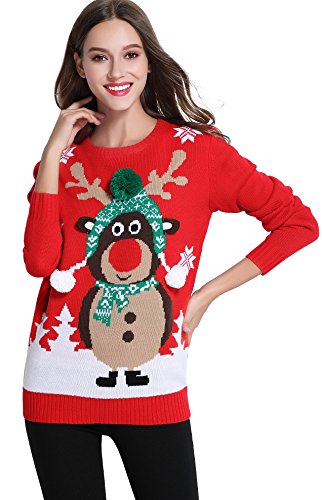 *daisysboutique* Women's Christmas Reindeer Themed Knitted Holiday Sweater Girl Pullover (Large, Warm)