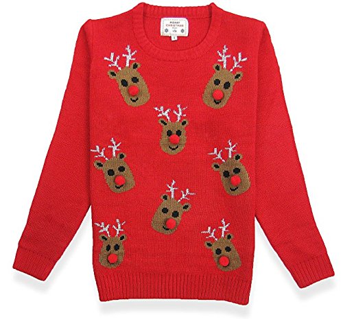 V28 Women's Christmas Reindeer Snowflakes Sweater Pullover (Tag L (US size 10), Red-3D-Nose)