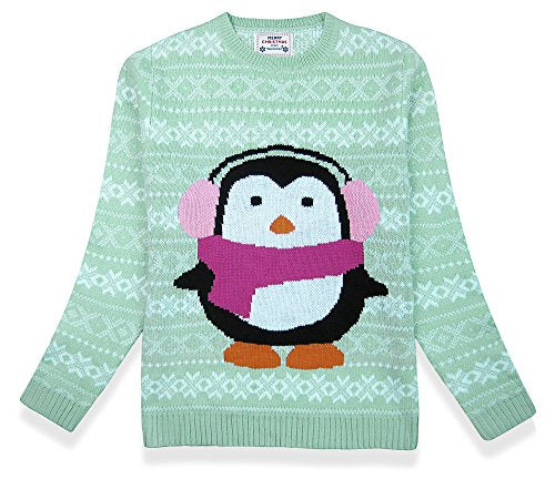 Women's Christmas Cute Reindeer Snowflakes Knitted Sweater Girl Pullover (Large, PenguinKeepWarm)