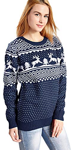 v28 Women's Patterns Reindeer Snowman Tree Snowflakes Christmas Sweater Cardigan, Long Sleeve (Large, Deer&Tree-Blue)