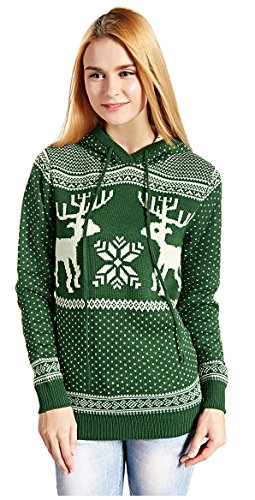 Women Round Crew Neck Reindeer Snowman Santa Snowflakes Christmas Sweater Cardigan Pullover (L, Green with Hood)