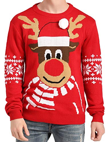 v28 Men's Christmas Reindeer Snowman Penguin Santa and Snowflake Sweater, Color Name: Deerftb-red