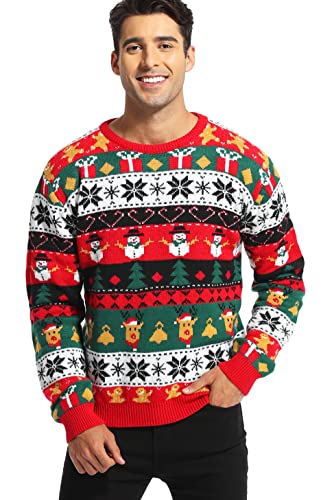 Men's Christmas Holiday Reindeer Snowman Santa Snowflakes Traditional Knitted Ugly Sweater (Large, FairIsle-red-M19)