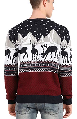 v28 Men's Christmas Reindeer Snowman Penguin Santa and Snowflake Sweater, Color Name: Deer&Mountains-red