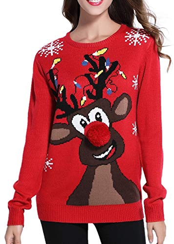 *daisysboutique* Women's Christmas Reindeer Themed Knitted Holiday Sweater Girl Pullover (Large, Lighting)