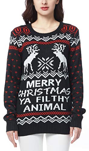 CHRISTMAS Sweater / Cardigan, with Various Lovely Patterns of Reindeer / Snowman / Snowflakes / Tree (L, Deer&Snowflake-Black)