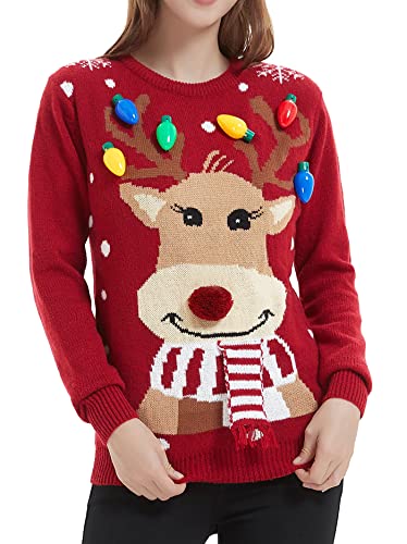 Women's Christmas Reindeer Traditional Knitted Holiday Ugly Sweater Girl Pullover Cardigan (Large, 231-Reindeer-red)