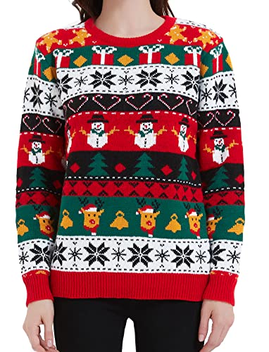 Women's Christmas Reindeer Traditional Knitted Holiday Ugly Sweater Girl Pullover Cardigan (Large, 238-Fair Isle-red)