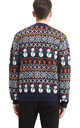 Men's Christmas Holiday Reindeer Snowman Santa Snowflakes Traditional Knitted Ugly Sweater (Large, RndCardi-Blck-M21)