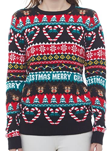 v28 Women's Patterns Reindeer Snowman Tree Snowflakes Christmas Sweater Cardigan (Large, Deer&lovecane)