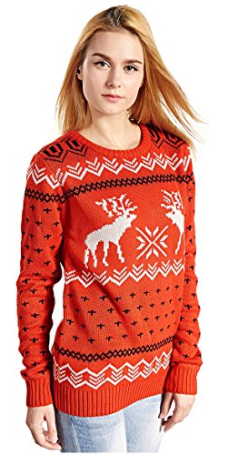 CHRISTMAS Sweater / Cardigan, with Various Lovely Patterns of Reindeer / Snowman / Snowflakes / Tree (L, Deer&Snowflake-Red)