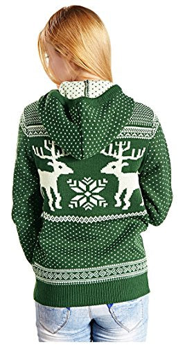 Women Round Crew Neck Reindeer Snowman Santa Snowflakes Christmas Sweater Cardigan Pullover (L, Green with Hood)