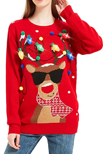 Women's Christmas Reindeer Traditional Knitted Holiday Ugly Sweater Girl Pullover Cardigan (Large, Rndrlitup-F8)